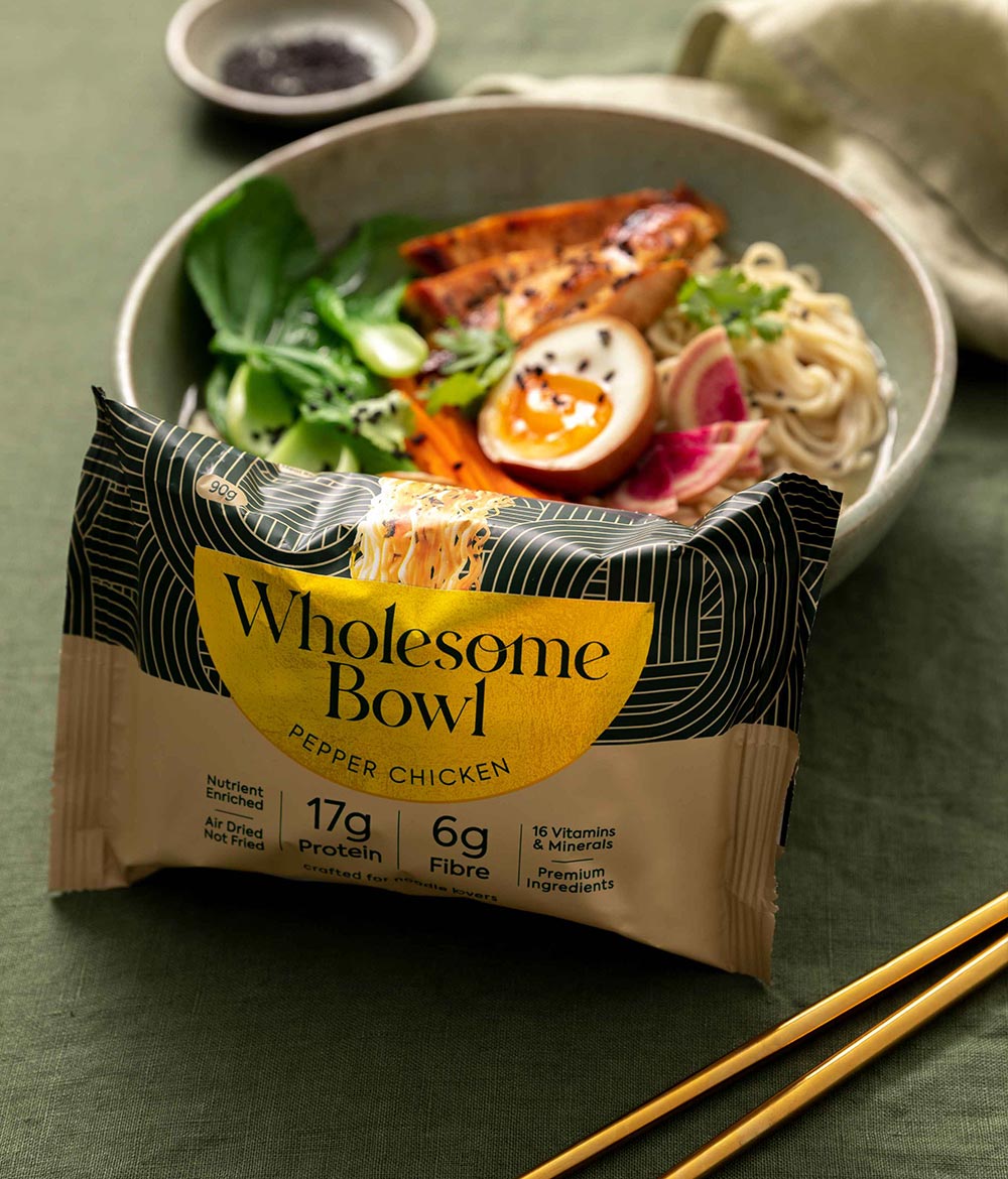 High Protein noodles, Pepper Chicken noodle flavour | 17g Protein, 6g Fibre, 16 vitamins and minerals, Air dried non fried noodles | Meal replacement approved | 4pack healthy ramen by Wholesome Bowl