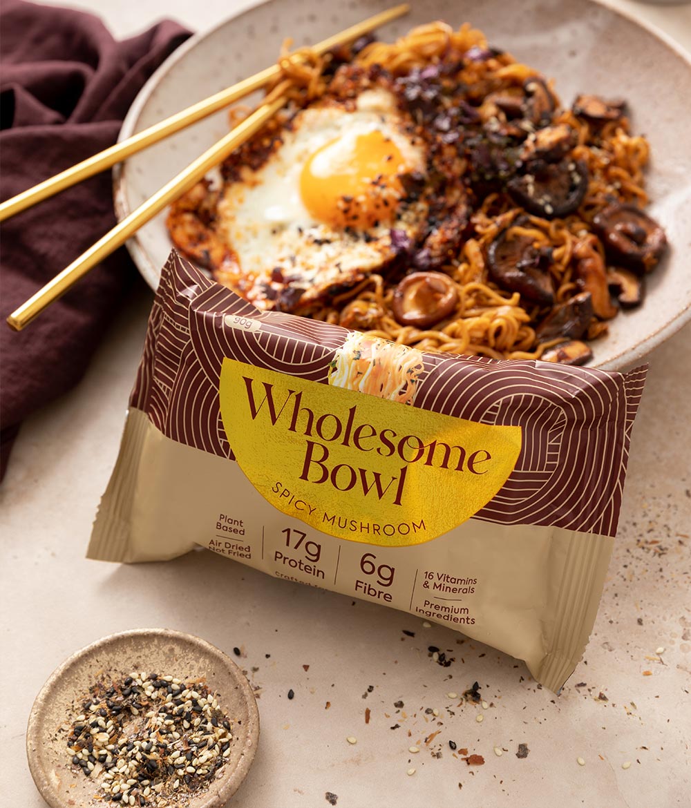 High Protein noodles, Spicy Mushroom noodle flavour | 17g Protein, 6g Fibre, 16 vitamins and minerals, Air dried non fried noodles | Vegan | Meal replacement approved | 6 x 4packs healthy ramen by Wholesome Bowl